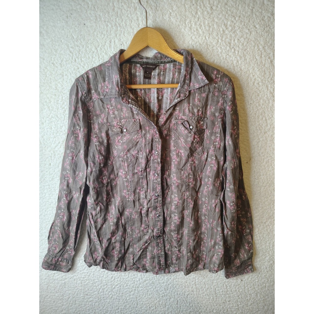 Bit & Bridle Brown Floral Western Pearl Snap Shirt XL Long Sleeve Cotton Lace